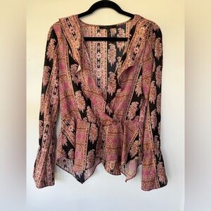 BCBGMaxAzria Pink and Black Asymmetrical Wrap‎ Style Blouse Longsleeve Medium